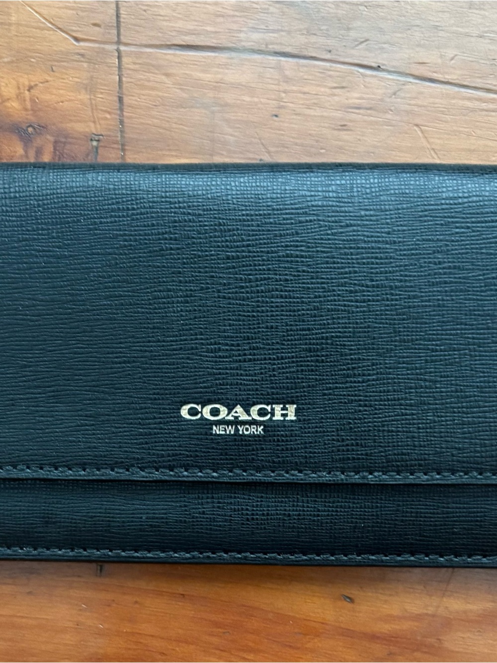 Coach Black Textured Leather Long Wallet with Gold Logo